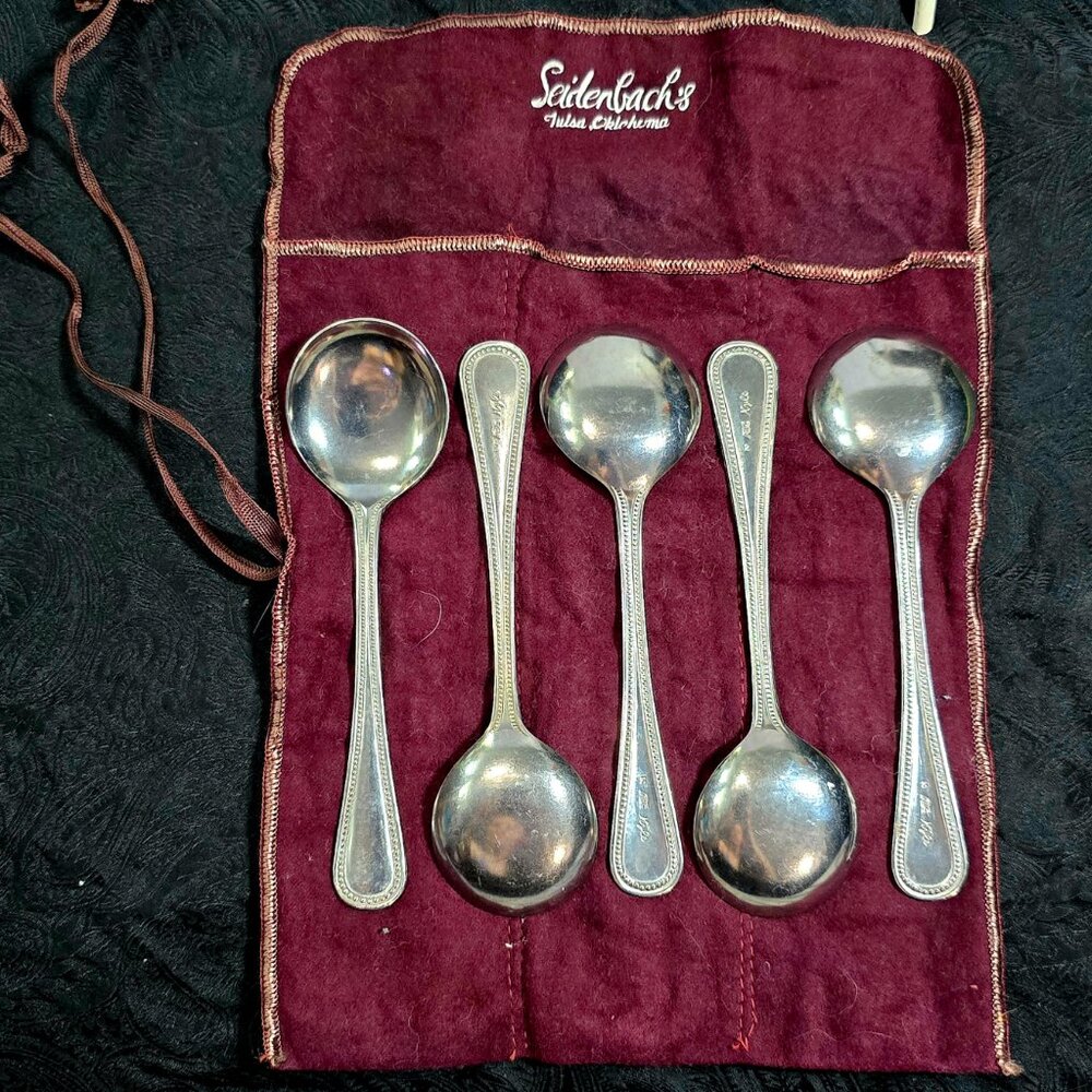 Vintage 30 ABC Kyle Silverplate Soup Spoons Set of 5 Seidenbach's Felt Wrap - Picture 1 of 14
